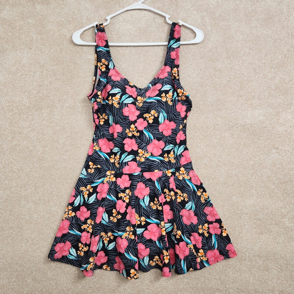 Shore Shapes Swimwear Black Floral One Piece Swim Dress Size 12